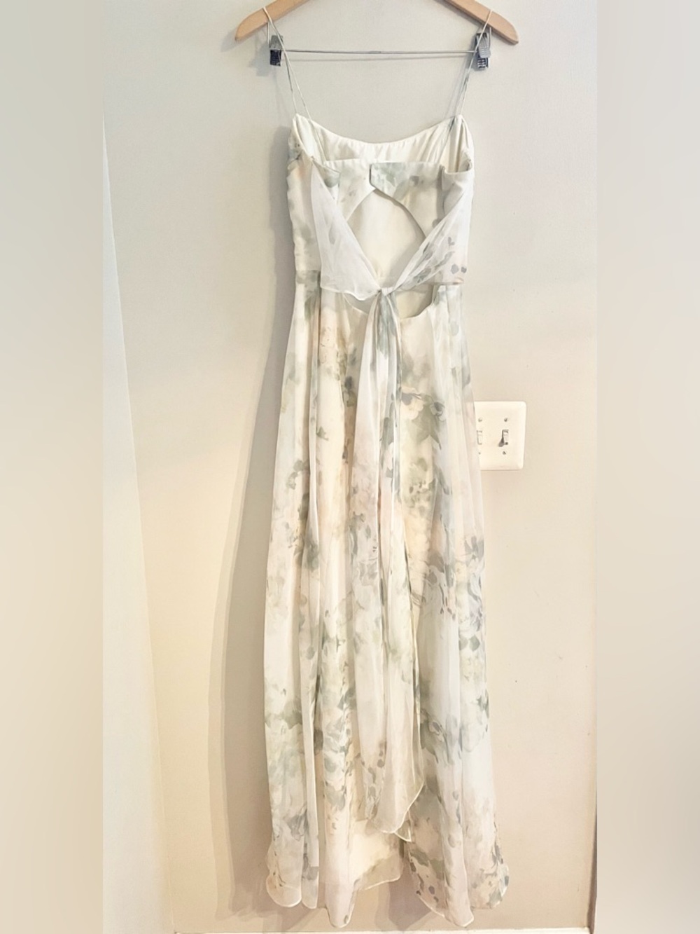 Jenny Yoo Collection Floral Chiffon Maxi Dress Green Cream V-Neck Gown Size 6 - Picture 3 of 15